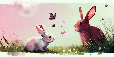 3d rendered Illustration of Two rabbits playing and catching pink butterflies are depicted in a watercolor. Bunnies in a Meadow Playing. Generative AI