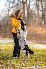 young teenage girl plays with her dog in nature. english setter