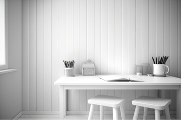 Background of a wooden desk in a kindergarten or kid's bedroom is blurred. Generative AI