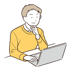 パソコンを眺めて考える男性 和やかな色味ver.
