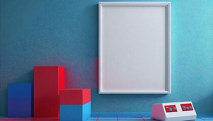 White poster on a wall with blank frame mockup. 3d abstract shape in red and blue color with white blank poster on the wall. Generative AI