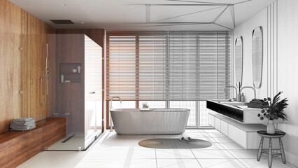 Architect interior designer concept: hand-drawn draft unfinished project that becomes real, japandi wooden bathroom. Bathtub, shower and washbasin with mirror. Clean style