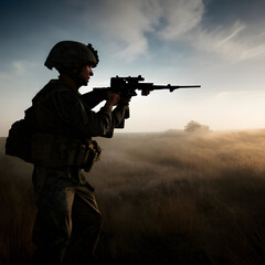 alone Special Forces soldier silhouette standing alone after the war on the battlefield, digital art style, illustration painting. Realistic concept art. Cartoon digital painting. Generative AI
