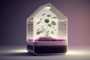 Using an LED grow light, petunia seeds germinate and sprout indoors. Generative AI
