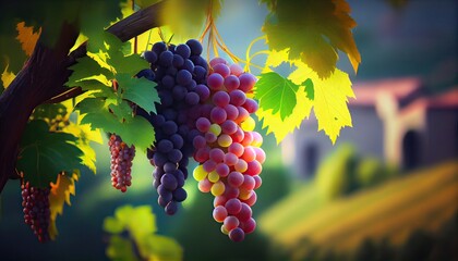 Fototapeta premium grapes at vineyard.red grapes at vineyard .Appetizing bunch of ripe black grapes on a blurred background. Generative Ai.