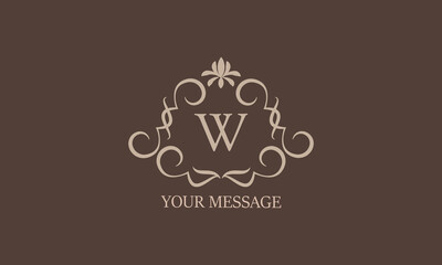 Decorative floral pattern. Heraldic symbols. Initial W for monogram and exclusive calligraphic design elements. Vector business sign, identity for hotels, restaurants, jewelry, fashion.