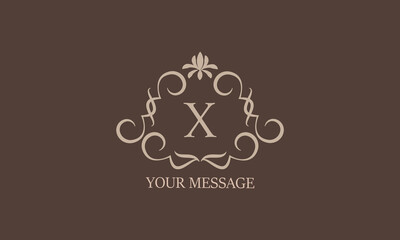 Decorative floral pattern. Heraldic symbols. Initial X for monogram and exclusive calligraphic design elements. Vector business sign, identity for hotels, restaurants, jewelry, fashion.