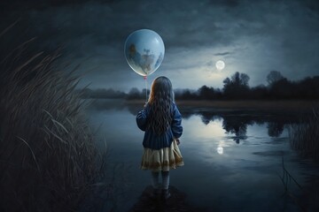 Little girl on the abandoned lake at night with earth-looking balloon. 