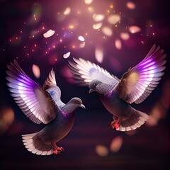 Obraz premium Cute couple of loving and colorful pigeons mating. Wood pigeons, pair of birds mating ritual in hearts shape blur background. Generative Ai