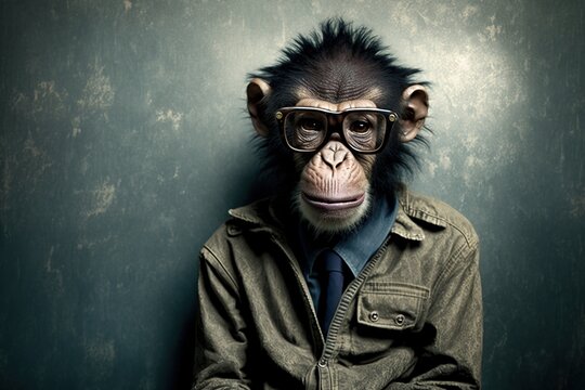 Monkey in beatniks style, studio lighting, neutral background, concept of Retro and Portrait, created with Generative AI technology