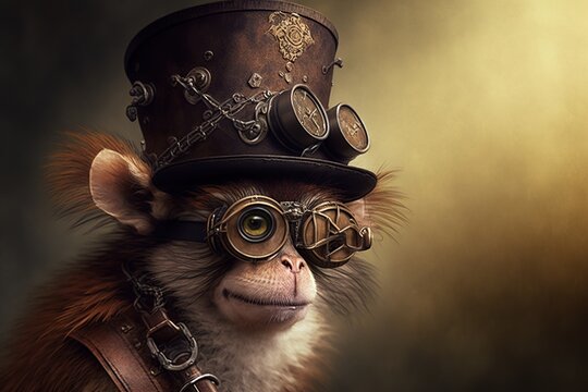 Monkey in steampunk style, studio lighting, neutral background, concept of Steampunk and Studio Lighting, created with Generative AI technology