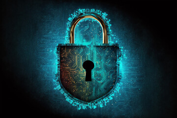 Abstract shield with key inside on blue background The concept of cybersecurity the Internet. AI generated