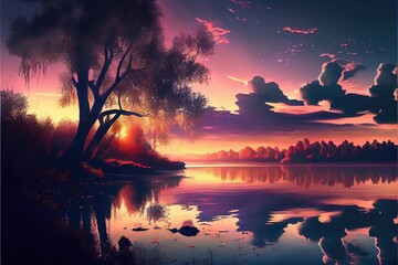 Fototapeta na wymiar illustration of sunset over the river. Generative AI