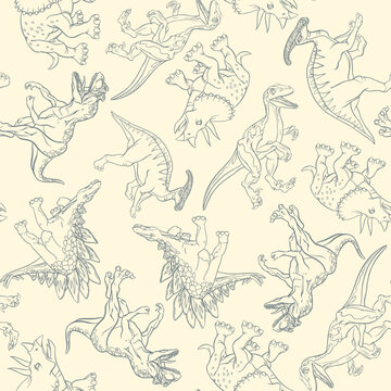 Linear pattern of realistic dinosaurs to decorate a kids book. Vector clipart