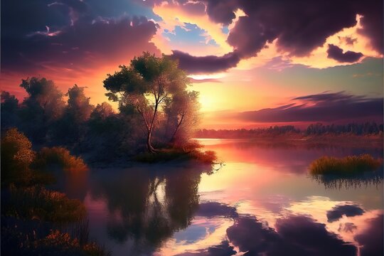 illustration of sunset over the river. Generative AI