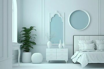 Bedroom furniture and accessories in light pastel blue monochrome. Copy-ready light background. website, presentation. Generative AI