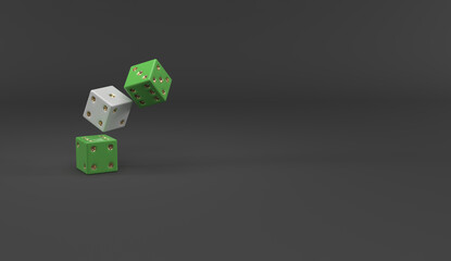 green and white casino dice being rolled randomly on a plain background (3d illustration)