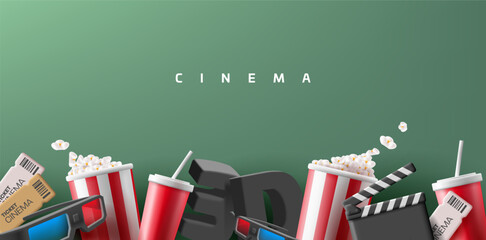 Modern 3d composition of elements for watching and advertising movies. 3D glasses, popcorn, tickets, drink. Lower placement of objects on a green background.