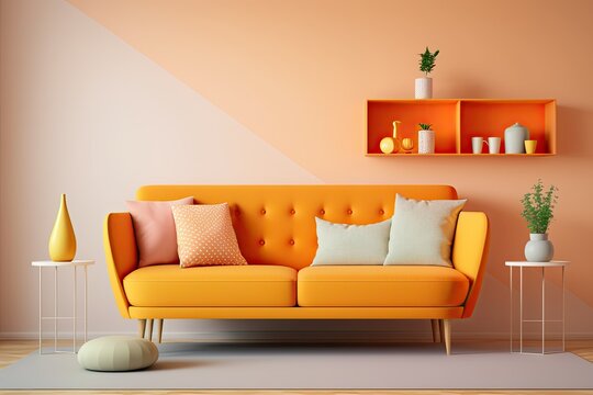 Contemporary orange sofa living room. pastel-colored simple design. Generative AI