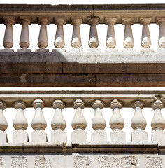 Two white balustrades made in marble and stone isolated on white or transparent background. Brescia downtown, Lombardy, Italy, Europe. Png.