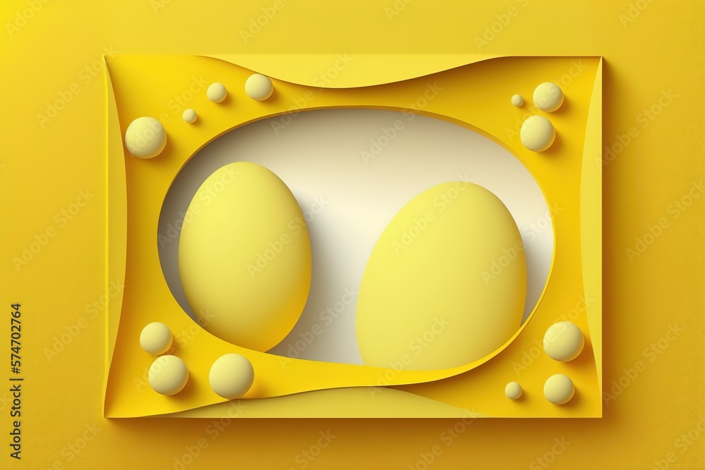 Wall mural abstract easter yellow background. decorative 3d eggs with frame. vector illustration