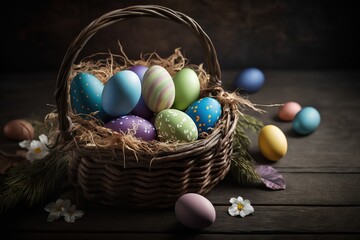 Obraz premium Happy easter, Easter painted eggs in the basket on wooden rustic table for your decoration in holiday. copy space