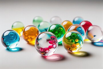 transparent glass balls for aquarium, toy on white insulated background, multicolor, colored Generative AI