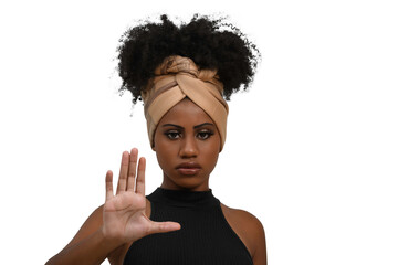 black woman makes gesture with open hand, denounces assault, moral harassment, cowardice, violence against women, no racism - obrazy, fototapety, plakaty
