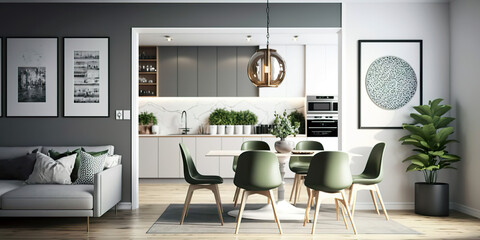 Modern kitchen and dining room with stylish appliances and decorations. AI generated image.