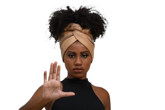 black woman makes gesture with open hand, denounces assault, moral harassment, cowardice, violence against women, no racism