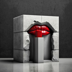 Lipstick red, standing on a rectangular granite stone. Gray von. Generative AI.