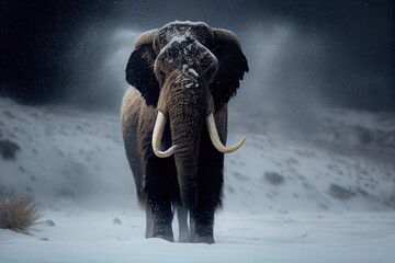 portrait of a extinct mammoth in a snow storm during the last ice age, generative ai