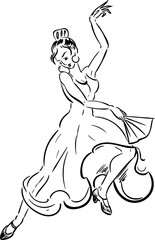 Coloring page. Flamenco dancer in dress with fan in line drawing style