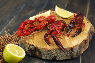 boiled craw fish on kitchen board with net and lemon slices closeup photo