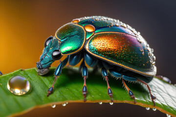 Naklejka premium Green bug sitting on leaf with drops of water on it. Macro. Generative AI.