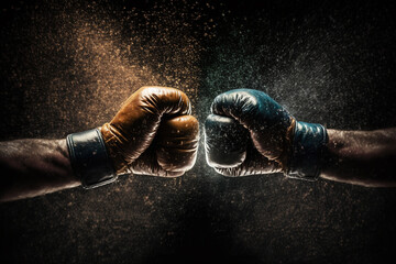 Boxing fight, close up of two fists hitting each other over dark