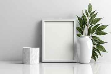 Vase with blank photo frame on ground next to white wall. Generative AI
