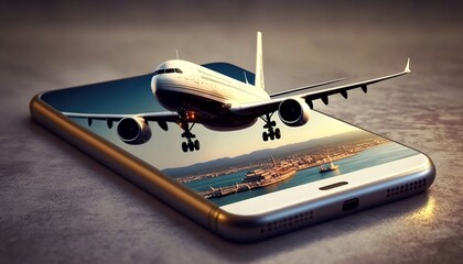 Airplane coming out from smart phone screen. Ai generative illustration - obrazy, fototapety, plakaty