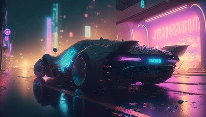 A sporting car in a Cyberpunk city night