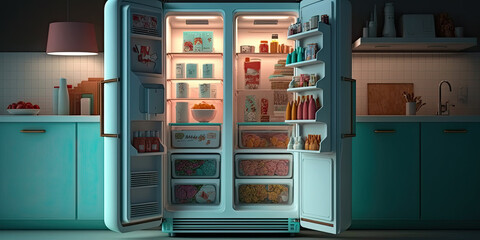 An open fridge with many ingredients inside - Generative AI