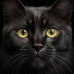 Portrait of a beautiful black cat with yellow eyes, Generative AI