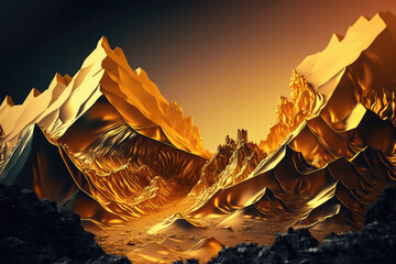 Abstract sunset in the golden mountains, background wallpaper, Generative AI