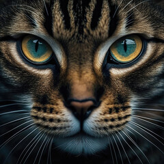 Portrait of a beautiful tabby cat with blue and yellow eyes, Generative AI