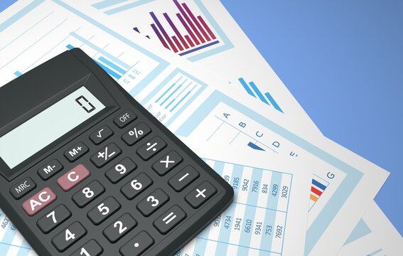 calculator on business statistics report sheets, 3d illustration