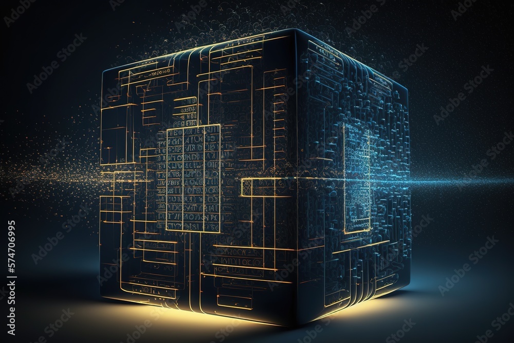 Poster Cube or box consists matrix of digits.Futuristic, modern illustration. Innovative technologies. Generative ai