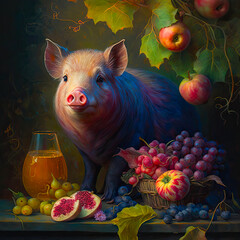 Piglet with fruits, still life paint, generative ai