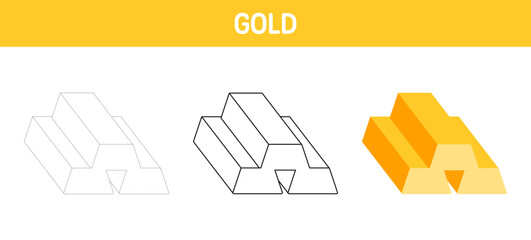 Gold tracing and coloring worksheet for kids