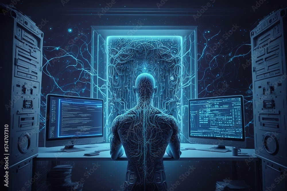 Leinwandbilder a robot with artificial intelligence is standing with its back.futuristic, modern illustration. inno