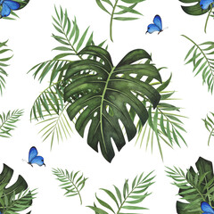 seamless pattern Tropic leaves Monstera, butterfly watercolor isolated on white. Watercolor botanical llustration design