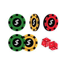 Vector illustration of poker chips and gambling dices isolated on white background.